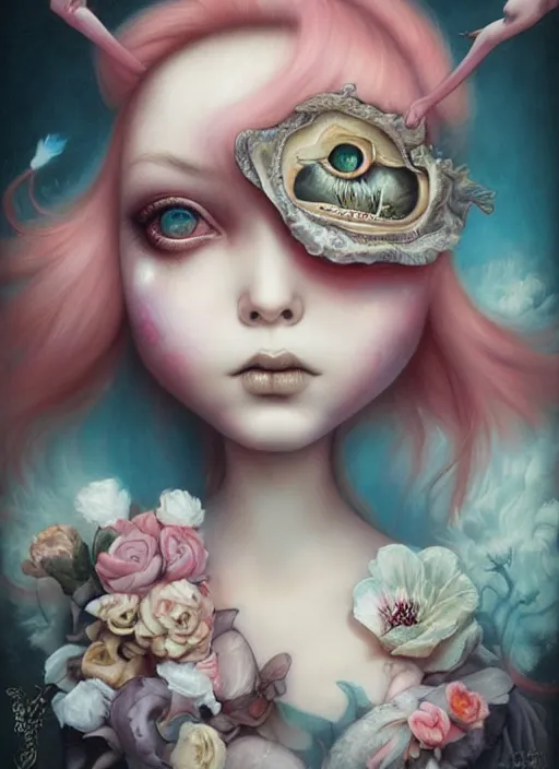 Image similar to pop surrealism, lowbrow art, realistic cute girl painting, japanese street fashion, hyper realism, muted colours, rococo, natalie shau, loreta lux, tom bagshaw, mark ryden, trevor brown style,