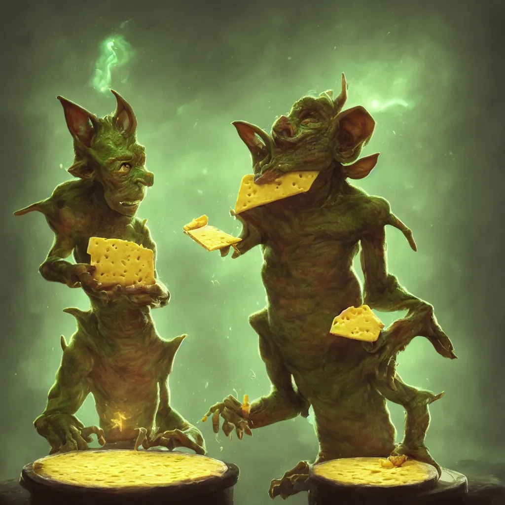 Prompt: Photorealistic fantasy painting of one single goblin holding swiss cheese. Ominous green mist in the background. Magical occult photorealism, UHD, amazing depth, glowing, golden ratio, 3D octane cycle unreal engine 5, volumetric lighting, cinematic lighting, cgstation artstation concept art