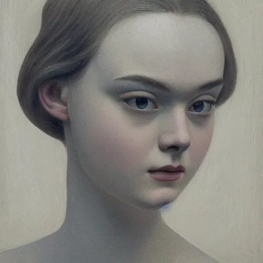 Image similar to A masterpiece head and shoulders portrait of Elle Fanning, by Grant Wood. 8K. Extremely detailed.