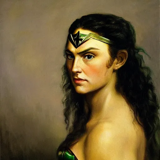 Prompt: highly detailed portrait of wonder woman with white hair and glowing green eyes, ultra realistic, 4 k, painted by gustave courbet,