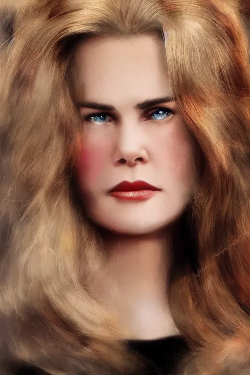 Image similar to mix of beautiful young maria shriver, mariel hemmingway, brooke shields, nicole kidman and elle macpherson as an alien creature, thin lips, hair tied up in a pony tail, dark blonde hair, colorful, artstation, cgsociety