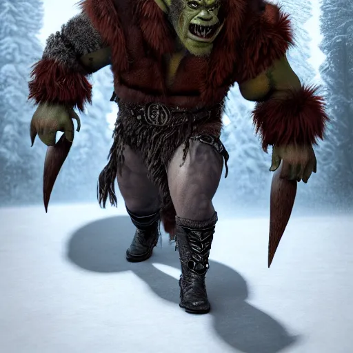 Image similar to A full body shot of a handsome orc looking into the camera wearing a fur jacket and boots, full body shot, artstation, realistic, highly detailed, symmetrical, hyper realism, high detail, octane render, unreal engine, 8k, fantasy art, highly detailed, concept art