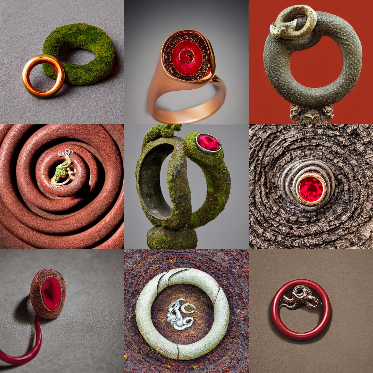 Prompt: statue of a ring - shaped ouroboros, red stone, mossy, studio photography