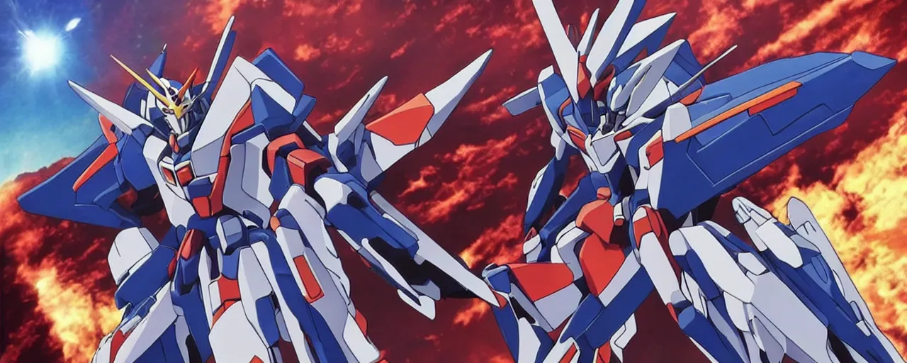 Prompt: “Gundam and Evangelion fight over the fate of the Earth.”
