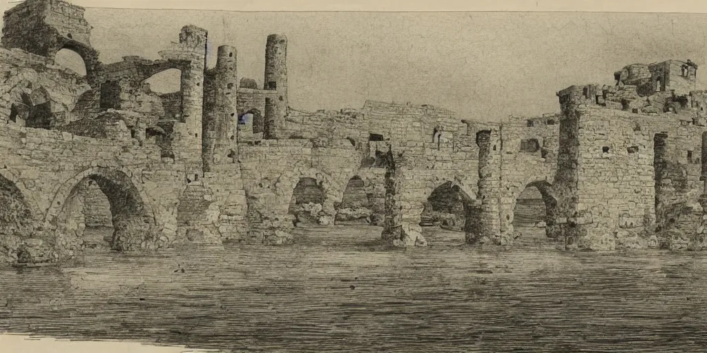 Image similar to Illustration, ancient city built along the top of a narrow tall arched bridge, over water, really long, stretches to the horizon