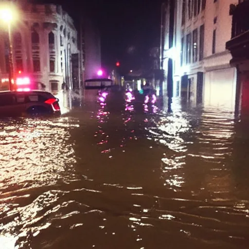 Image similar to city is flooded by heavy rain. A car is middle of the street flooded.