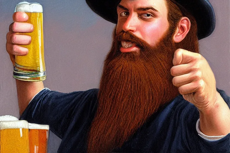 Prompt: a young man holding a beer giving a thumbs up with a long beard, detailed, uncropped, painted by Alex Horley