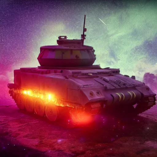 Prompt: a tank floating in space inside magic colorful glowing sparkling fog, starry sky, tranquil, desolate, atmospheric, hazy, autochrome, 8k, photo, octane render, unreal engine 5