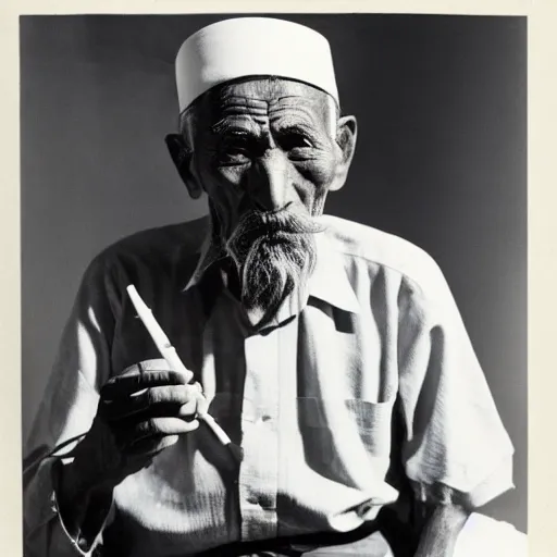 Prompt: photograph of an elderly hui muslim man looking at the camera and smoking a pipe