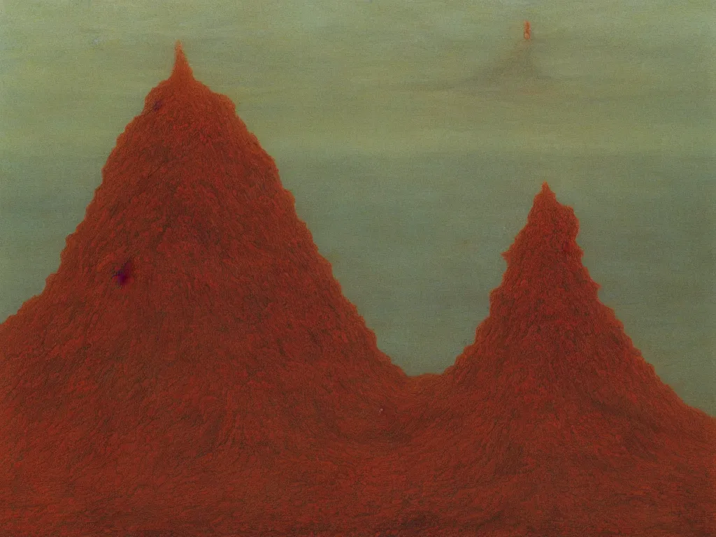 Image similar to Strange volcano made of cinnabar in the middle of the tsunami ocean. Painting by Beksinski, Roger Dean