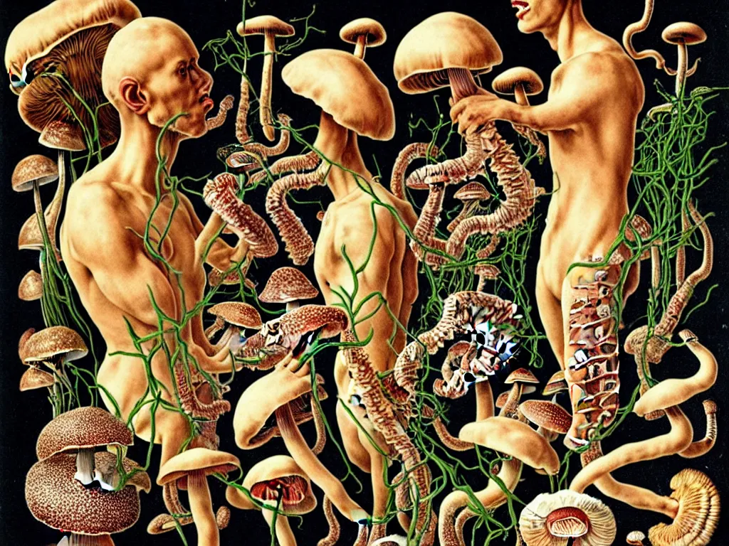 Image similar to human eating yourself with mushrooms, neo surrealism, erns haeckel