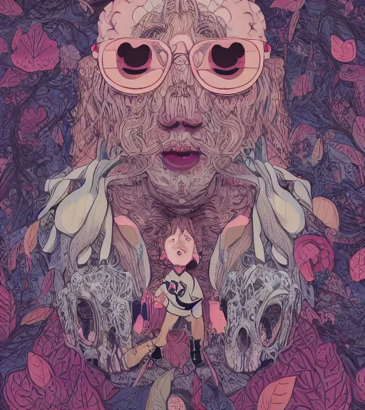 Image similar to portrait, nightmare anomalies, leaves with a dog by miyazaki, violet and pink and white palette, illustration, kenneth blom, mental alchemy, james jean, pablo amaringo, naudline pierre, contemporary art, hyper detailed