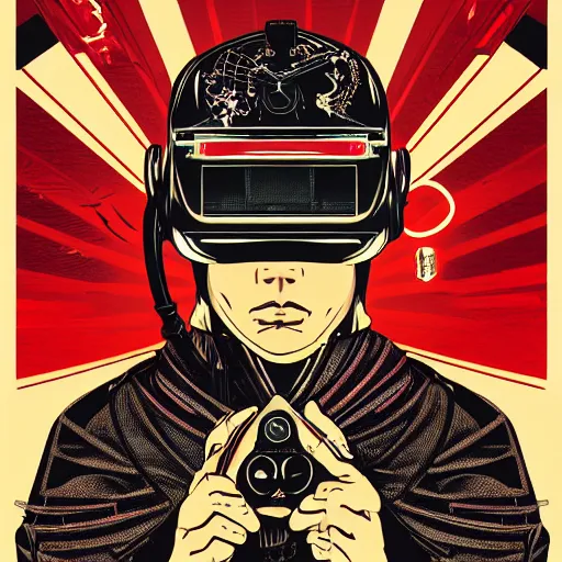 Image similar to Illustrated by Shepard Fairey and H.R. Geiger | Cyberpunk Samurai with VR helmet, surrounded by cables