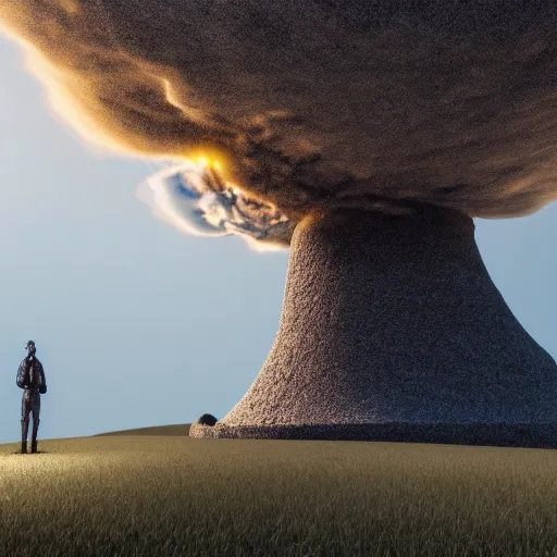 Prompt: a mannequin standing in a hill with a nuclear detonation in the background, 3 d render, octane, ray tracing, ultra detailed, photorealistic, ultra high resolution, 8 k, night time