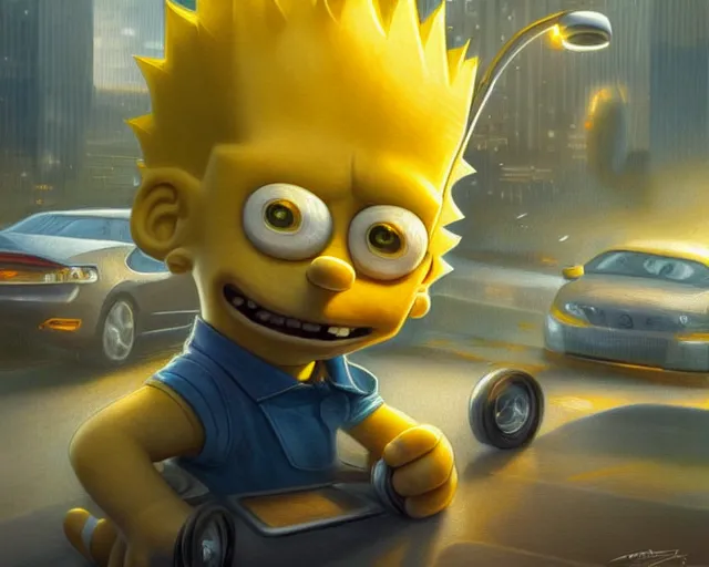 Prompt: realistic photography of bart simpson involved in a car crush, deep focus, intricate, elegant, highly detailed, digital painting, artstation, concept art, matte, sharp focus, illustration, art by artgerm and greg rutkowski and alphonse mucha