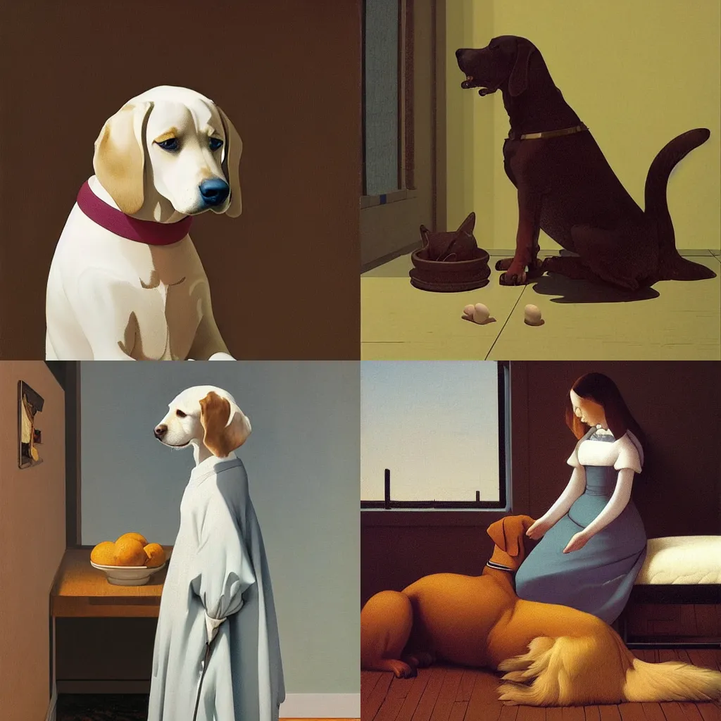 Prompt: dog by moebius and atey ghailan by james gurney by vermeer by George Stubbs in the of style anime by Lim Heng Swee oil on canvas