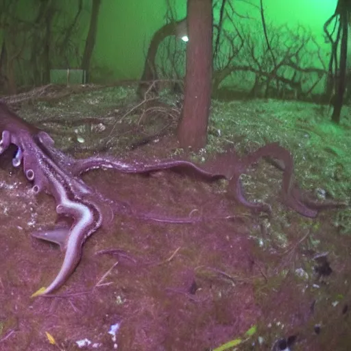 Prompt: a weird giant squid octopus caught on trailcam nightvision footage camera, grainy low quality, forest