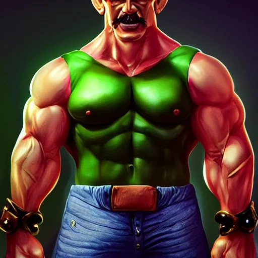 Image similar to Muscular Luigi , digital art , trending on artstation , Hyperdetailed , CGSociety