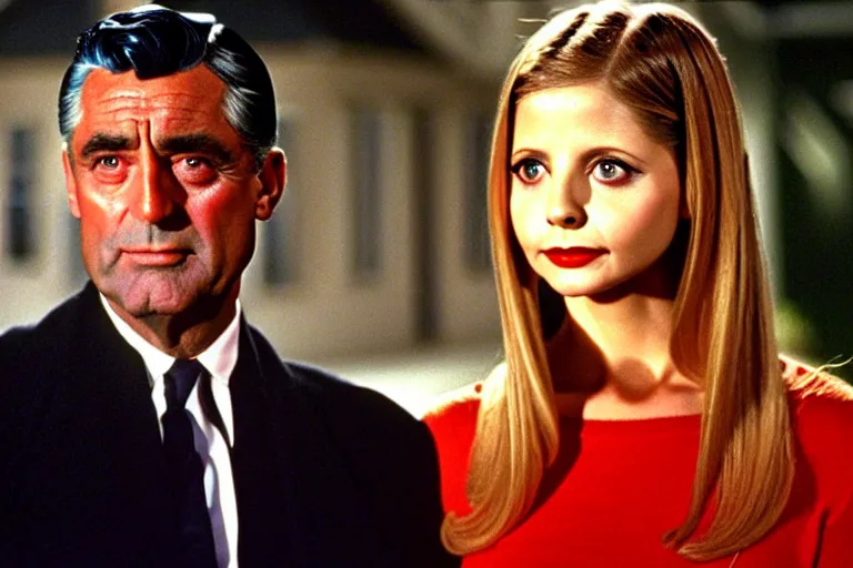 Prompt: cary grant as giles in buffy the vampire slayer, along side sarah michelle gellar 1 9 9 8