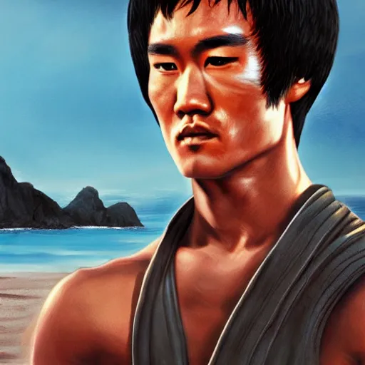 Image similar to bruce lee meditating on beach, extremely detailed, artstation, 8 k, sensual lighting, incredible art, wlop, artgerm