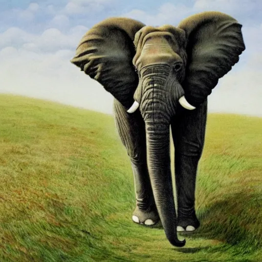Prompt: an elephant on a green meadow art by Raymond Briggs