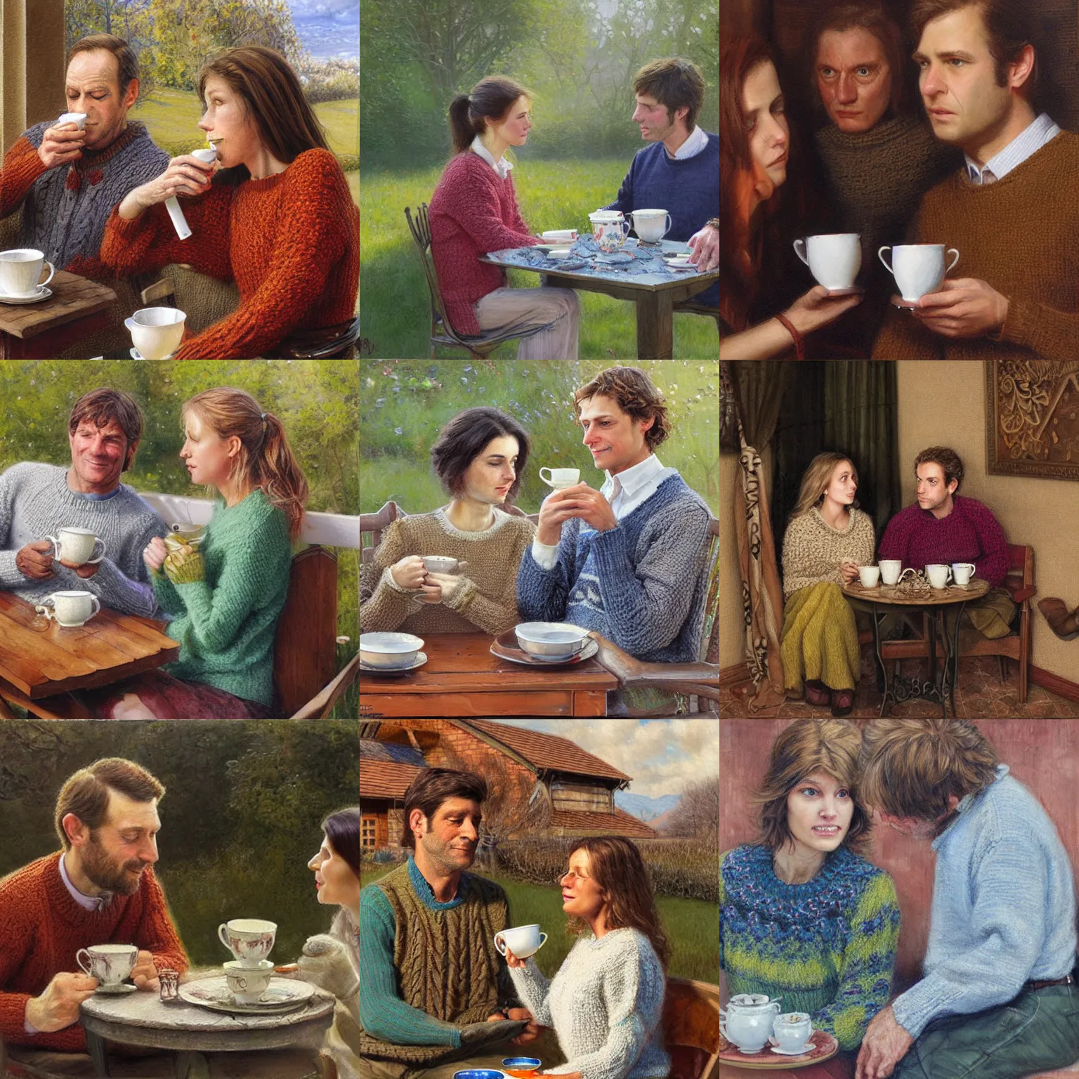 Prompt: mister and missus toad drinking tea and wearing sweaters. Detailed painting by James Gurney