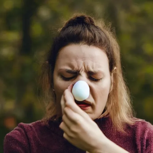 Image similar to a woman eating the last egg while looking sad, realistic photo,