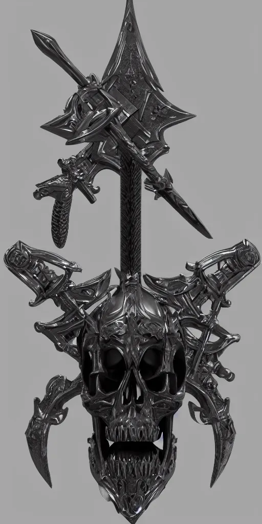 Prompt: a black and silver sword skull crest, weapon, a 3 d render by dom qwek, front side, concept art, trending on polycount, artstation, hard surface modeling, rendered in maya, zbrush, hd, vray, blizzard, symmetry