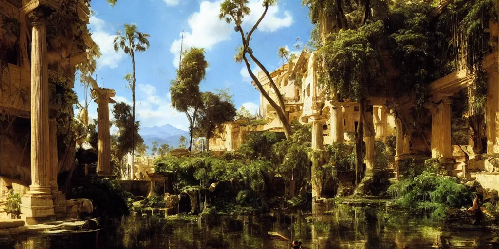 Prompt: beautiful landscape oil matte painting, of bustling empire hanging gardens of babylon, art by anders zorn, wonderful masterpiece highly detailed, beautiful cinematic light deep focus, elegant, digital painting, smooth, sharp focus, golden ratio, dramatic illumination, ultra realistic, 8 k, art by artemisia lomi gentileschi and caravaggio