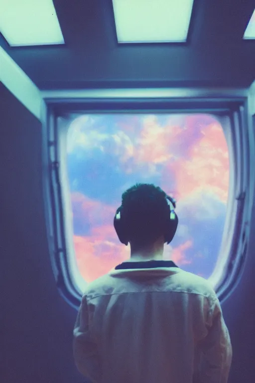 Image similar to agfa vista 4 0 0 photograph of a guy in a spaceship looking out a window into space, back view, synth vibe, vaporwave colors, lens flare, moody lighting, moody vibe, telephoto, 9 0 s vibe, blurry background, grain, tranquil, calm, faded!,