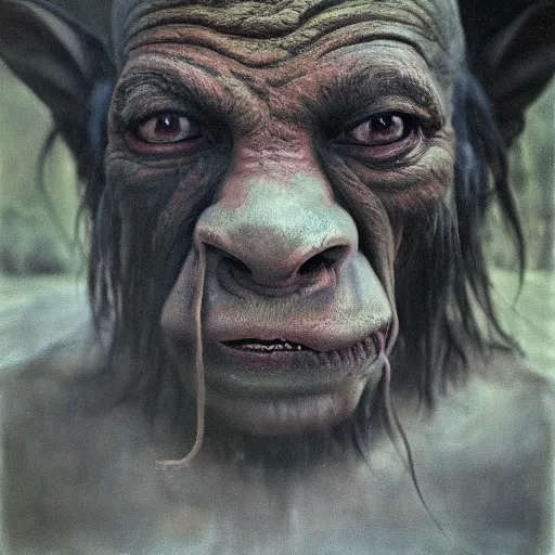 Image similar to a painting of a goblin orc taken by sally mann, portrait, foggy, hazy, dull colors, detailed, bleak,