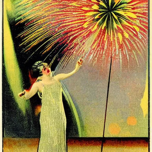 Prompt: fireworks, 1920s art deco, by Telemaco Signorini, vintage postcard