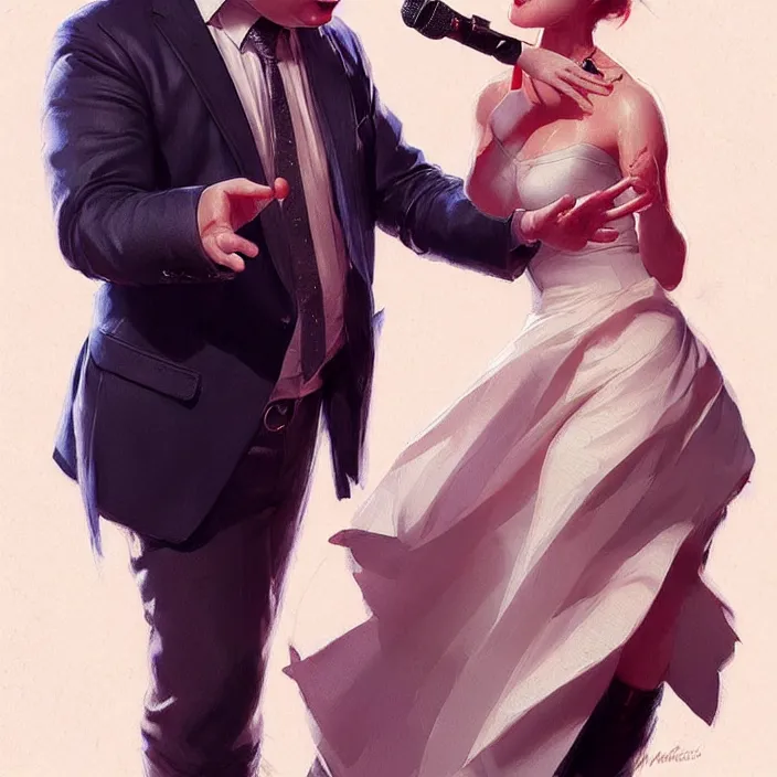 Image similar to michael mcintyre flirting with a singing waitress, elegant, real life skin, intricate artwork, high detailed, artstation, concept art, smooth, sharp focus, art by artgerm and greg rutkowski