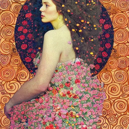 Image similar to a lot of flowers morphing in a beautiful girls face, film still by wes anderson, depicted by klimt, limited color palette, very intricate, art nouveau, highly detailed, lights by hopper, soft pastel colors, minimalist