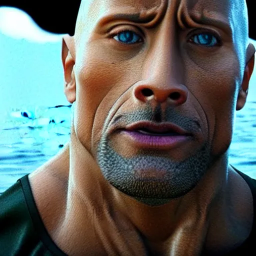 Image similar to close up cinematic still of Dwayne Johnson in JAWS