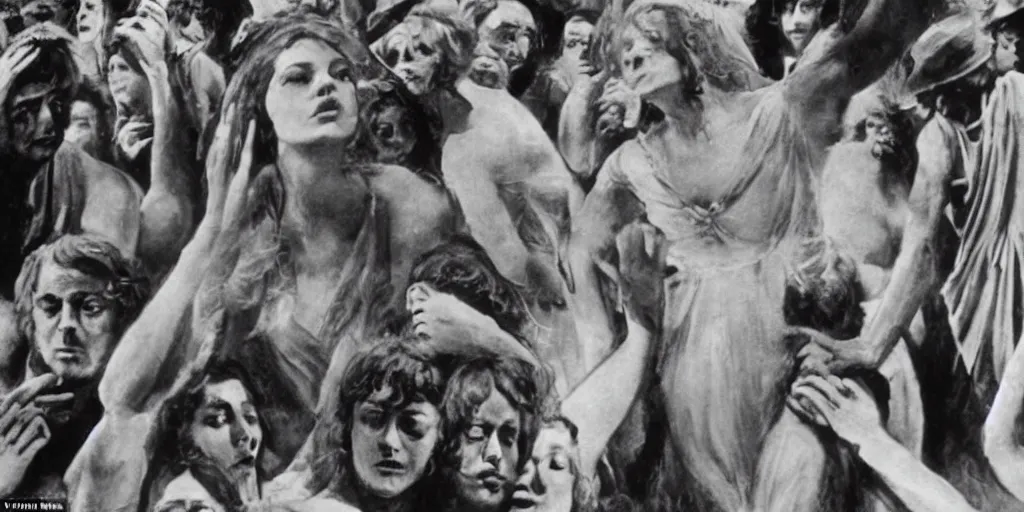 Prompt: a scene from death in venice ( 1 9 7 3 ) by luchino visconti showing claudia cardinale leading a despaired crowd in venice in 1 9 1 0, inspired by ( ( ( last judgement by michelangelo ) ) ). cinematic, technicolor, highly detailed, 5 0 mm