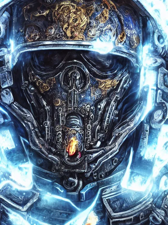 Image similar to portrait art of 8k ultra realistic undead space marine on fire,intricate blue helmet, detailed intricate ornate armour,decaying, cybernetic, full of colour, cinematic lighting, battered, trending on artstation, 4k, hyperrealistic, focused, extreme details,unreal engine 5, cinematic, masterpiece, art by ayami kojima, giger