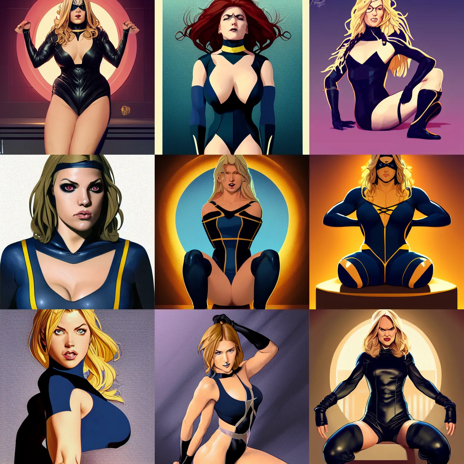 Prompt: character concept portrait, symmetrical, black canary, sitting with her arms tucked behind her back, dark blue leotard costume, bust, curvaceous, medium shot. detailed, high quality, dynamic lighting, high contrast with dark background, fantasy, reflective, spotlight. digital artwork by artgerm, wlop, alex ross, greg rutkowski, alphonse mucha