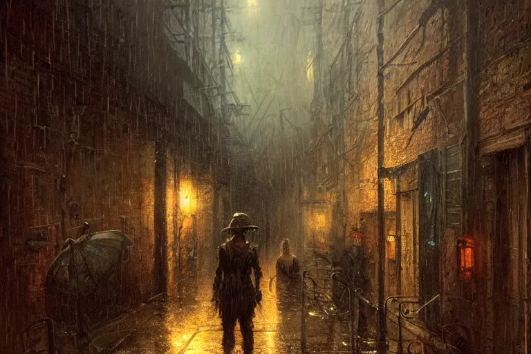 Image similar to An alleyway at night during rain, moody scene, highly detailed, intricate, sharp details, dystopian mood, 1950 scene by gaston bussiere, craig mullins, somber lighting, drawn by Giacomo Burattini, inspired by graphic novel cover art