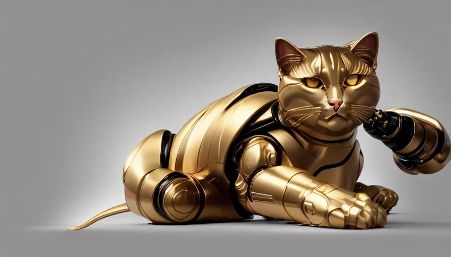 Image similar to product photo of a futuristic luxurious feline pet robot by artgerm and greg rutkowski and alphonse mucha, zaha hadid, cat dog teddy mix, volumetric light, detailed, octane render, midsommar