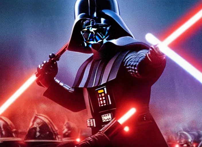 Prompt: film still of Darth Vader conducting and orchestra in the new Star Wars movie, 4k