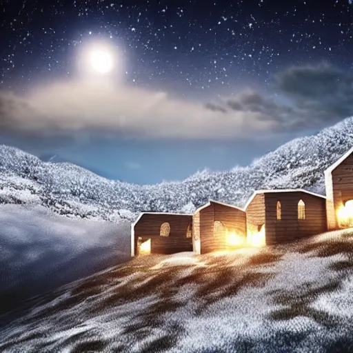 Prompt: ultra realistic landscape, houses in the mountain, cold weather, snow, at night