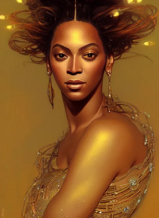 Image similar to portrait of beyonce, intricate, elegant, glowing lights, highly detailed, digital painting, artstation, glamor pose, concept art, smooth, sharp focus, illustration, art by wlop, alphonse mucha and greg rutkowski