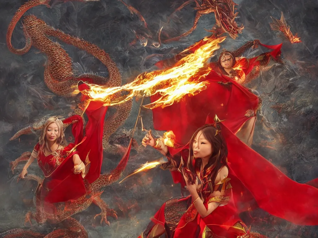 Prompt: a realistic asian fantasy illustration of a female elf mage in a scale mail and a red cape casting a fire spell in a shape of a dragon