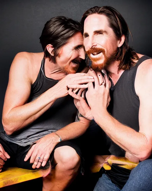 Prompt: 35mm macro photograph Christian Bale and Alex Jones, flirting expression, wearing a camisole, vibrant high contrast, octane, arney freytag, Fashion photo shoot,, glamorous, tattoos,shot in the photo studio, backlit, rim lighting, 8k