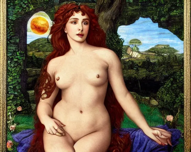 Image similar to sabrina salerno as venus, pre - raphaelite style,