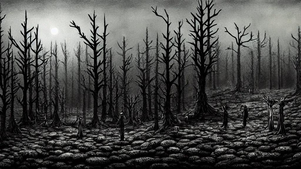 Image similar to folk horror illustration of the place with the dead pines, 8k resolution artwork, horror art, eerie, creepy, trending on artstation, painting, elaborate excellent painted illustration, smooth, sharp focus