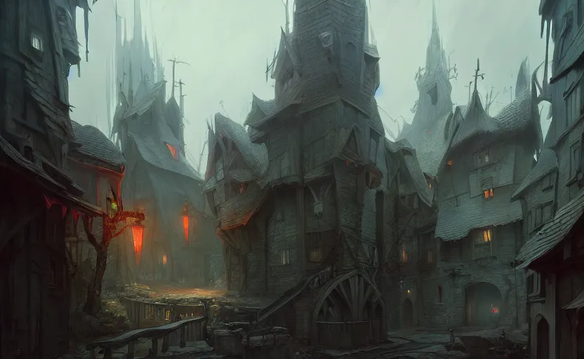 Prompt: epic concept art depicted an old medieval mystic town : : : art by jakub rebelka and tyler edlin : : : dramatic mood, overcast mood, dark fantasy environment : : : trending on artstation, unreal engine, hyperreal movie shot