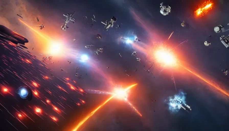 Prompt: Movie scene of a huge space battle near Earth, with explosions and lasers shooting, hyperdetailed, artstation, cgsociety, 8k
