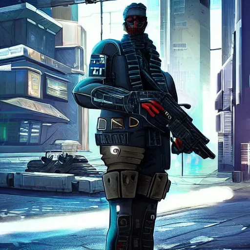 Prompt: a cyberpunk tank in the middle of a cyberpunk street cyberpunk man standing next to the tank and holding a weapon photo - realistic